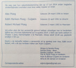 Advertentie herdenkingsbijeenkomst Alex, Edith en Robert Ploeg